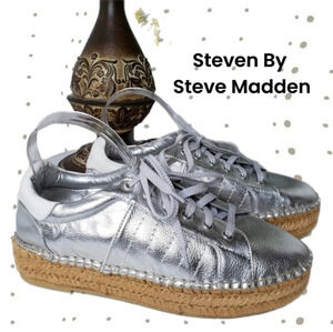 Steven By Steve Madden Womens Silver-Parade Espadrilles Flatform Shoes Sz 10B